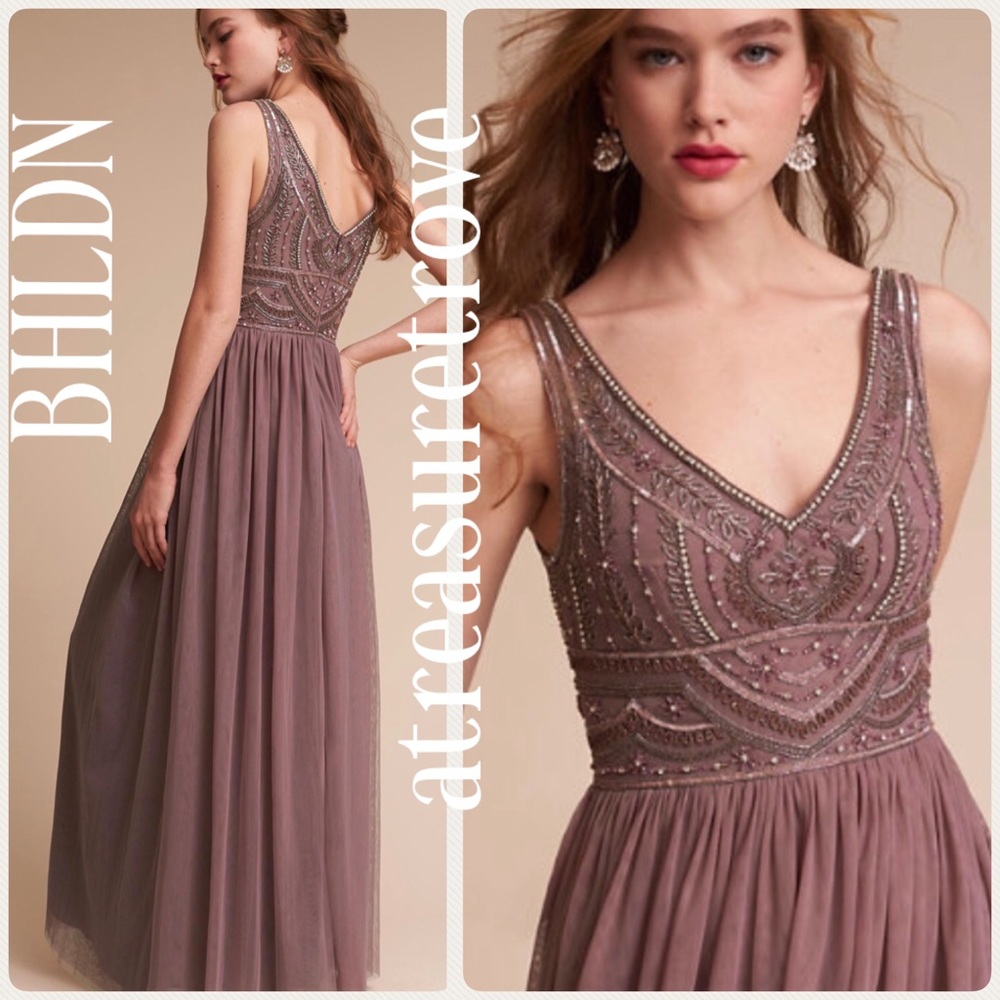 New BHLDN Sterling 4 Plum Purple Embellished Tulle Maxi Gown